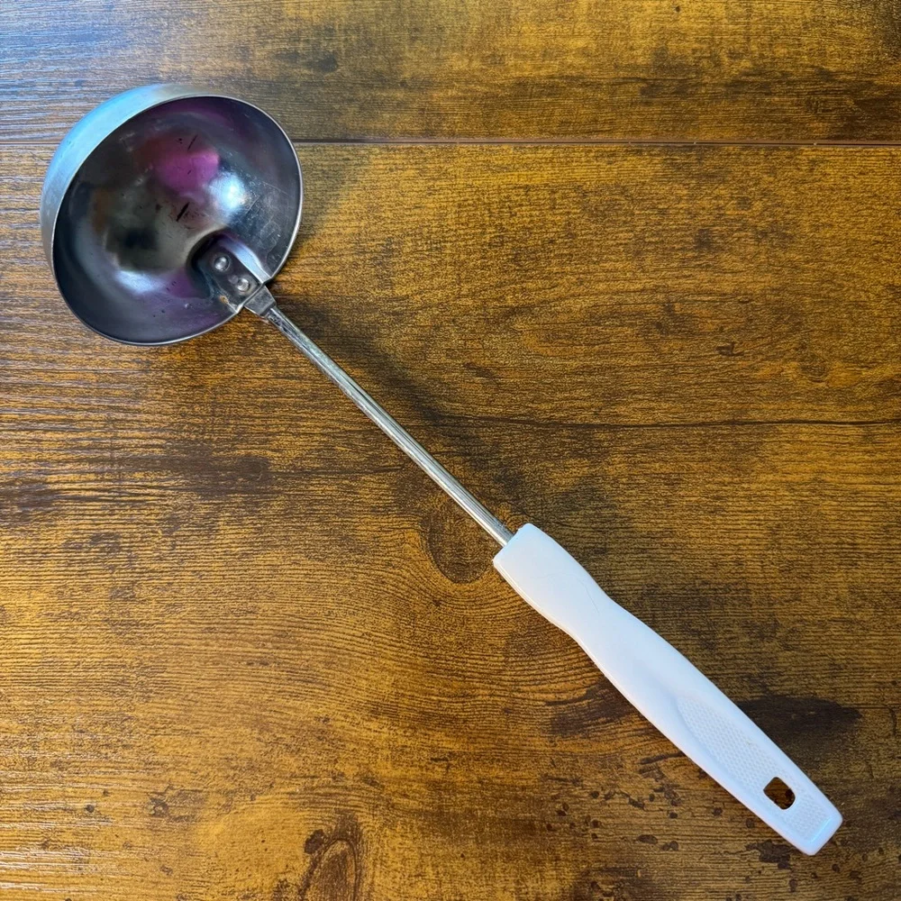 Vintage Ladle Stainless with White Plastic‎ Handle 10” X  3” Retro Serving Spoon